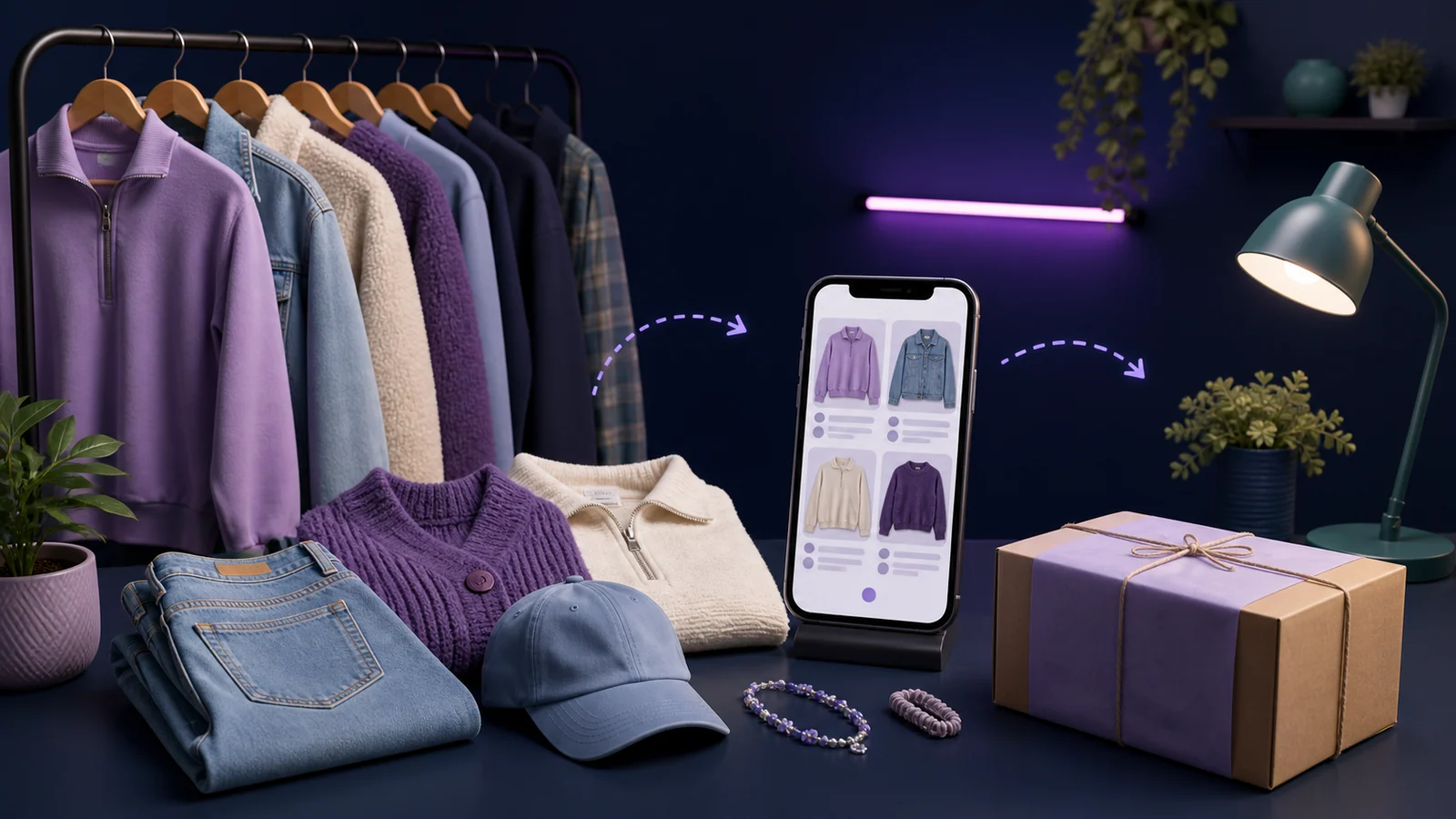 A beginner clothing reseller preparing garments, photos and a parcel for their first Depop listings in Australia.