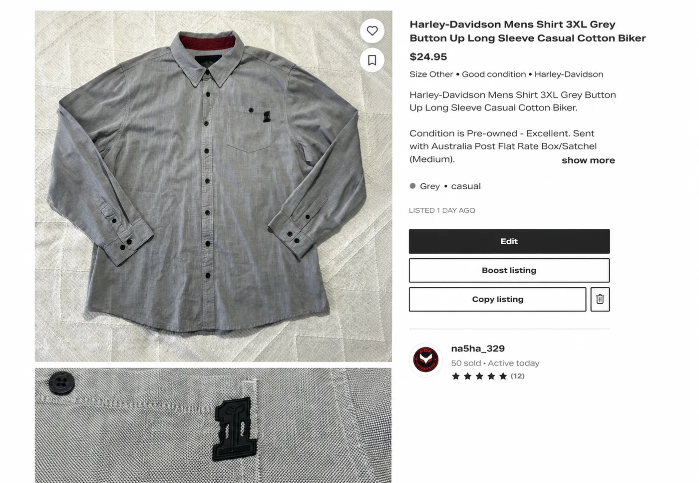 A Depop listing example adapted from the grey Harley-Davidson shirt's original eBay listing.