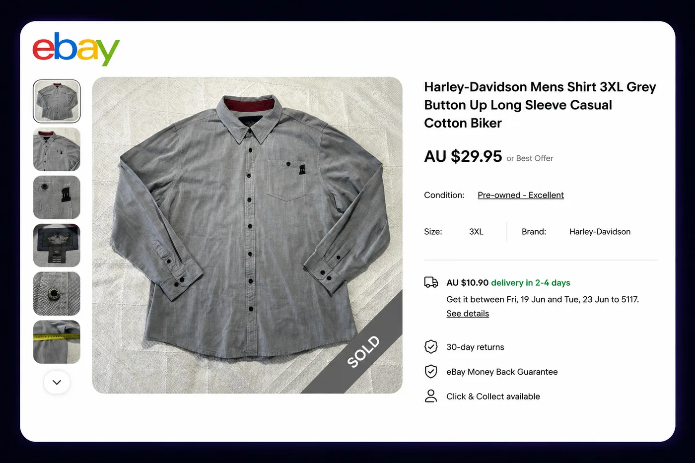 An eBay Australia listing example for a grey Harley-Davidson shirt, showing the product image, title, condition and price.