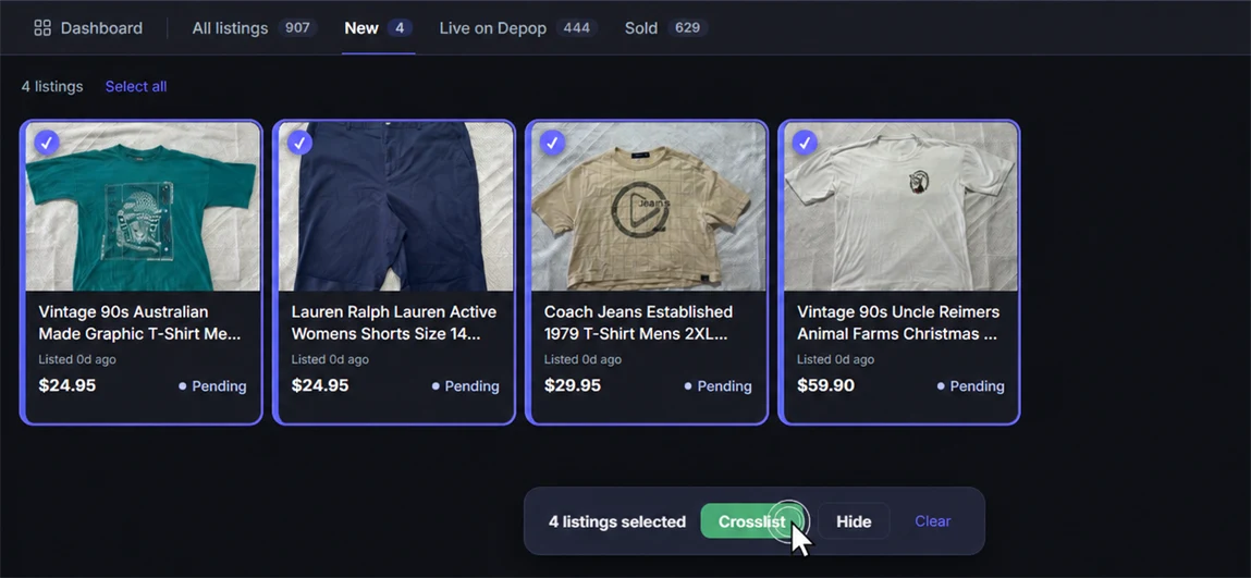 Four existing clothing listings selected in Listalong, ready for a bulk cross-listing action.