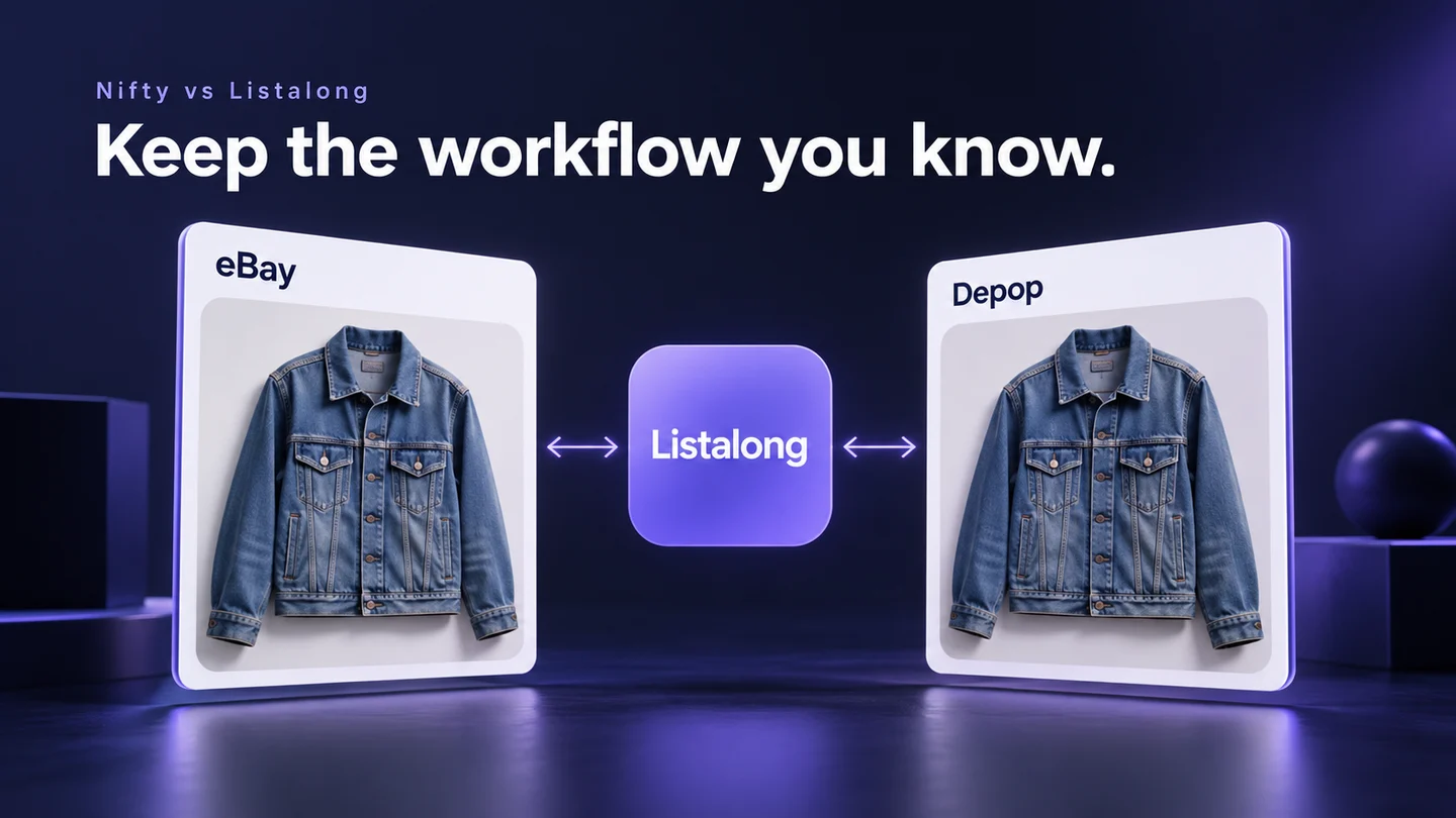 Illustration of matching denim jacket listings on eBay and Depop connected through Listalong, beneath the headline Keep the workflow you know.