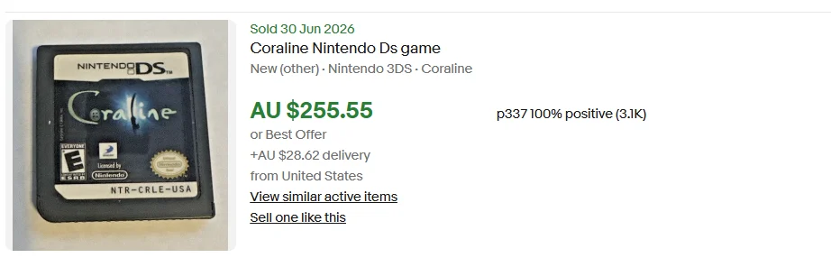 Recent eBay sold comp showing Coraline for Nintendo DS sold for around AU$255.