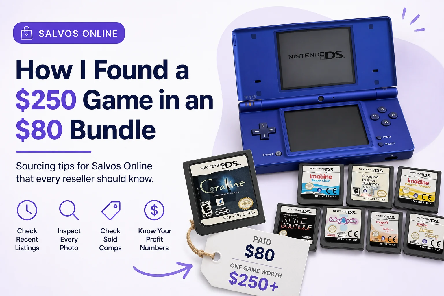 Nintendo DS bundle example showing an $80 Salvos Online purchase with one valuable DS game.