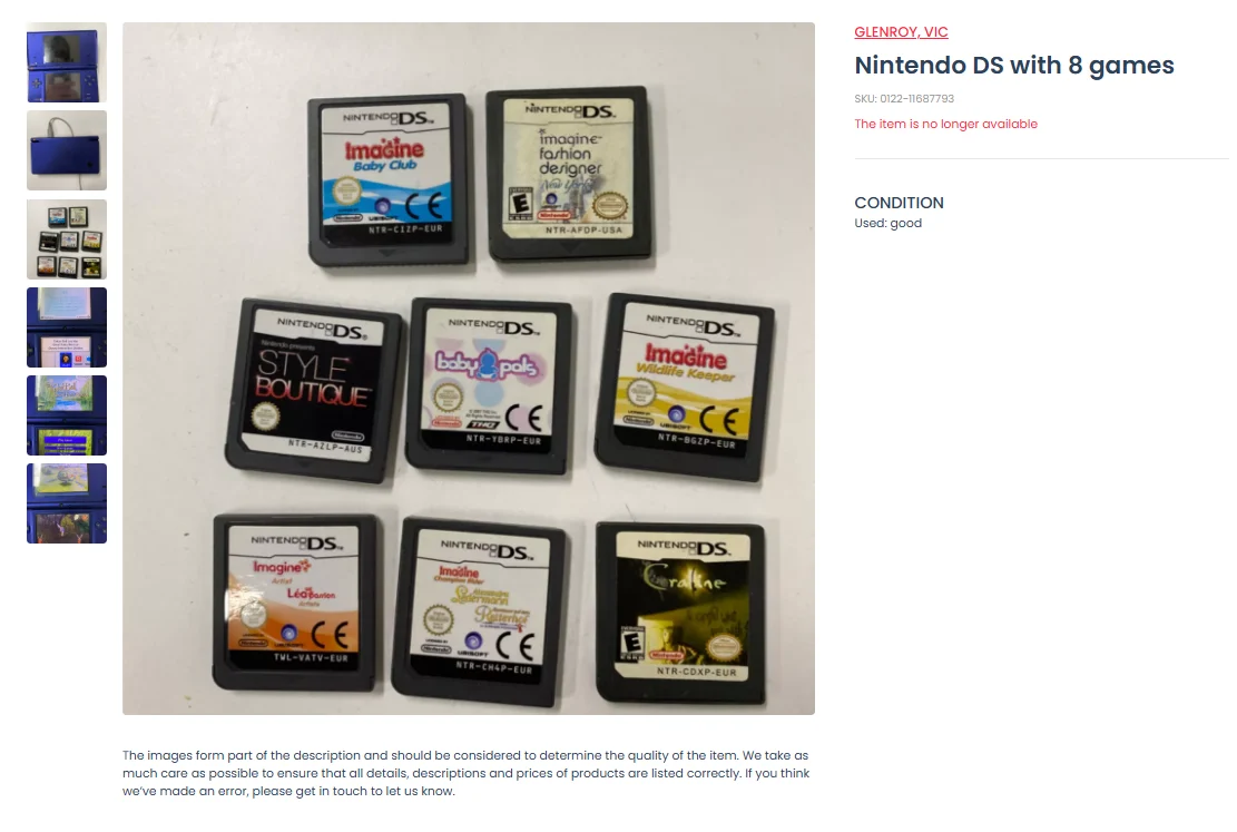 Photo from the Salvos Online listing showing the eight Nintendo DS game cartridges.