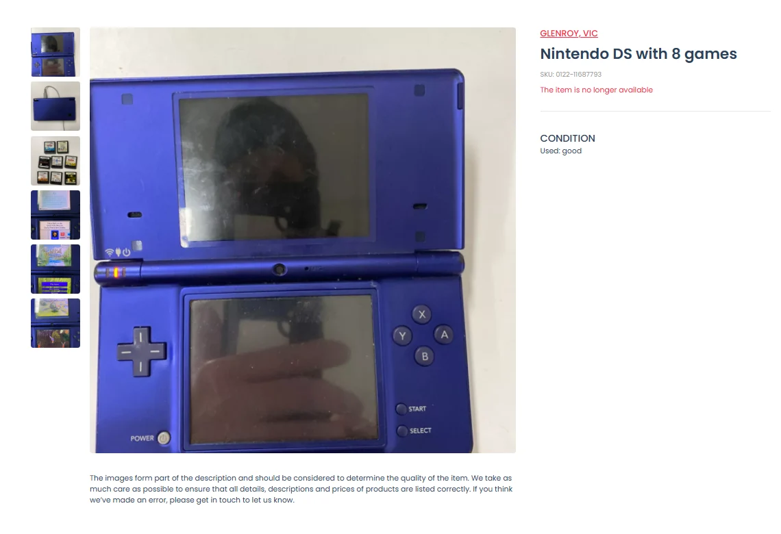 Salvos Online listing for a Nintendo DS with eight games.