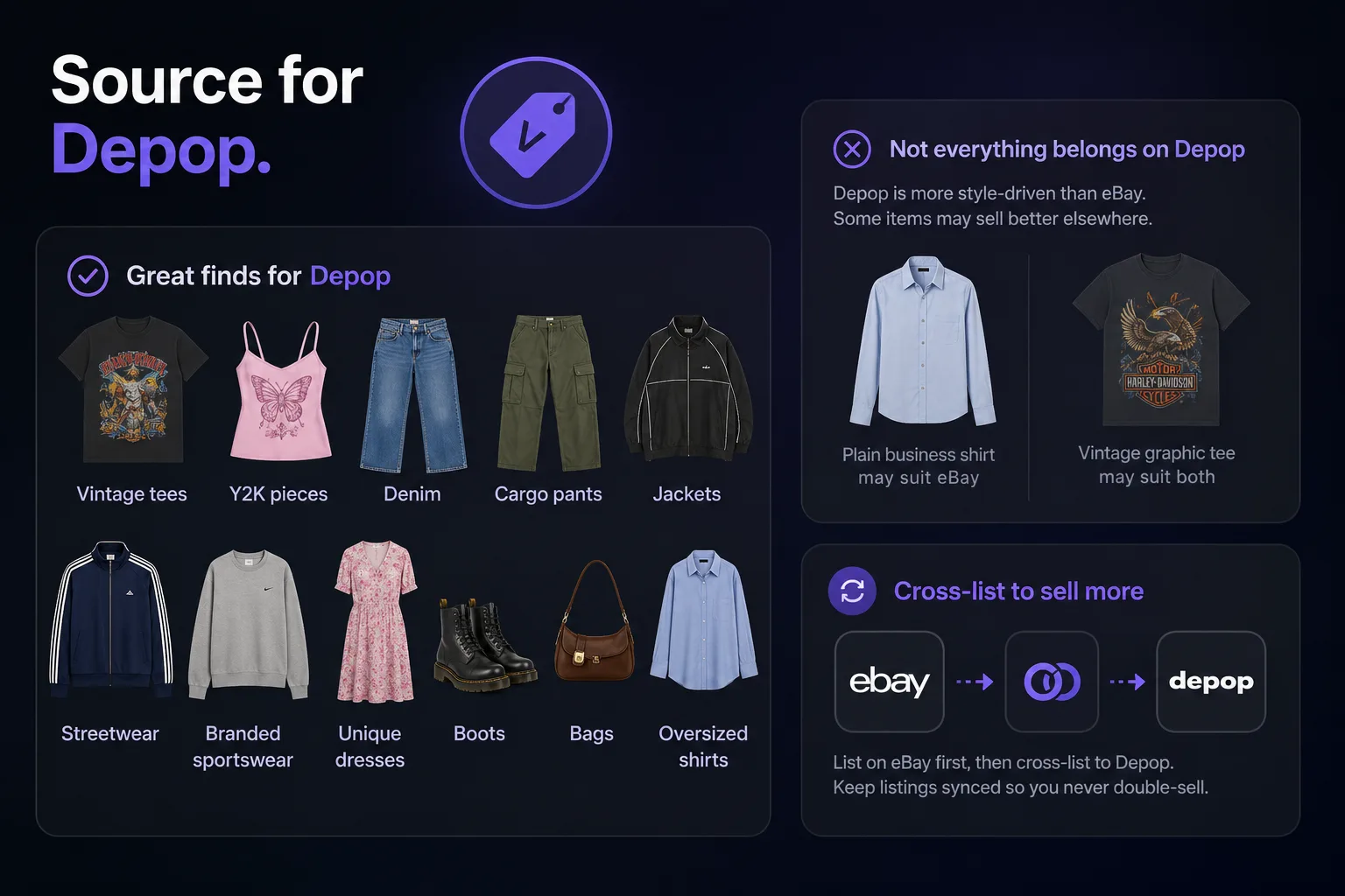 Vinnies sourcing guide showing Depop-friendly items and an eBay to Depop cross-listing workflow.