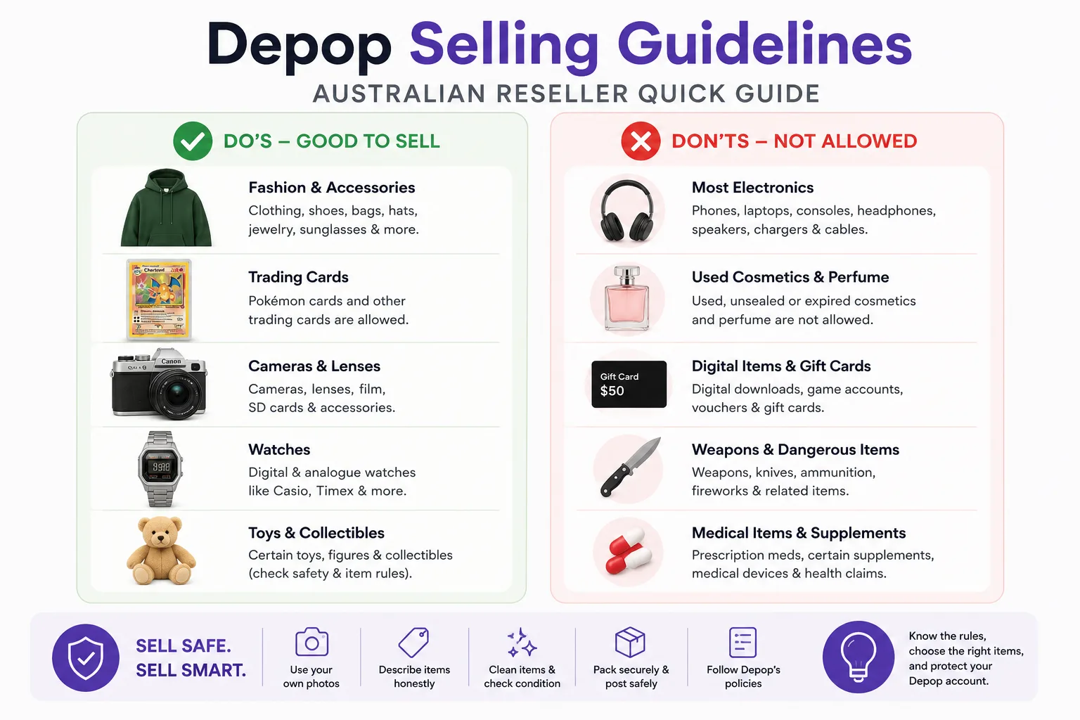 Depop selling guidelines for Australian resellers, showing allowed fashion, trading cards, cameras and watches, plus restricted electronics and other items.