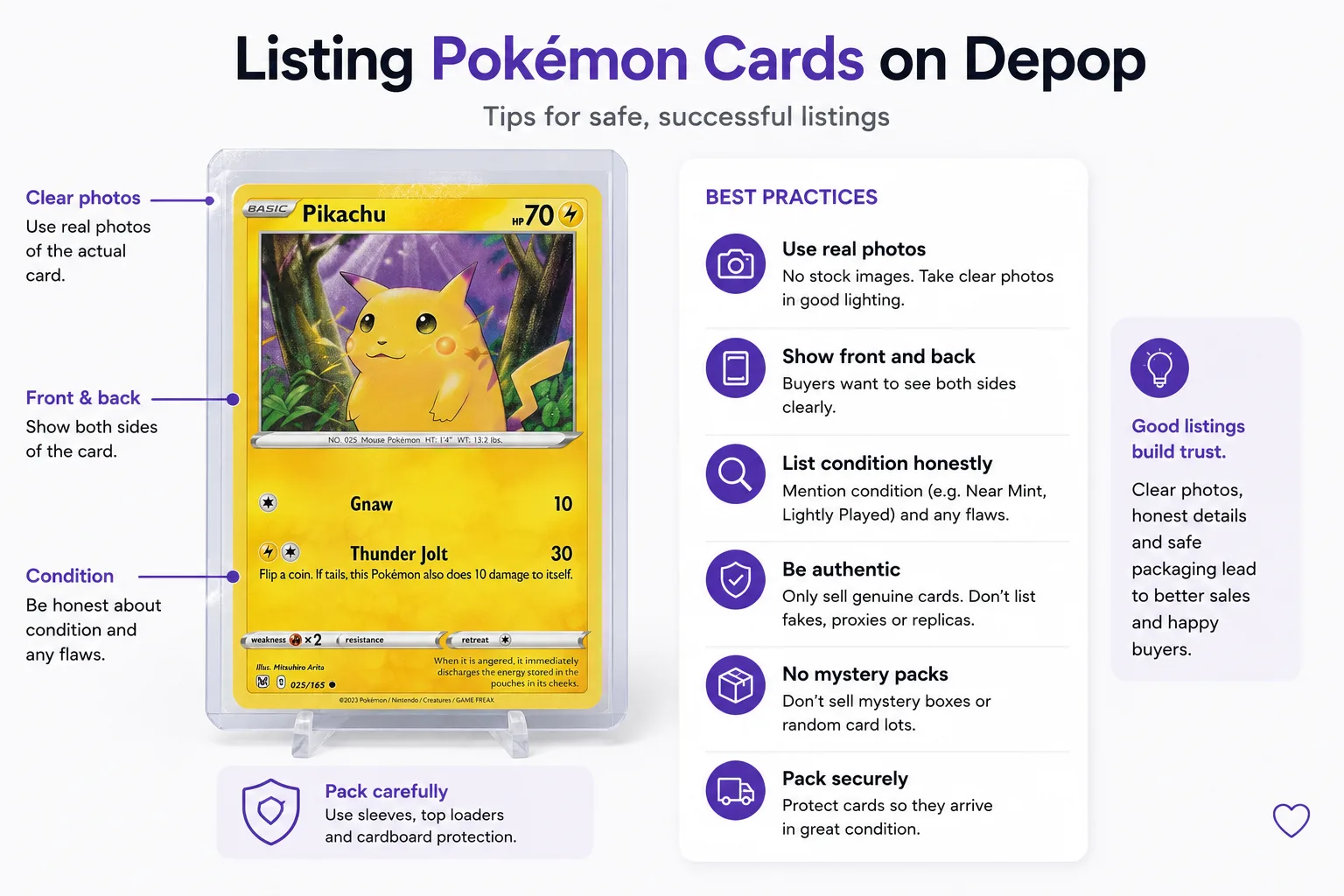 Pokemon card listing tips for Depop, showing where to photograph and how to describe card condition.