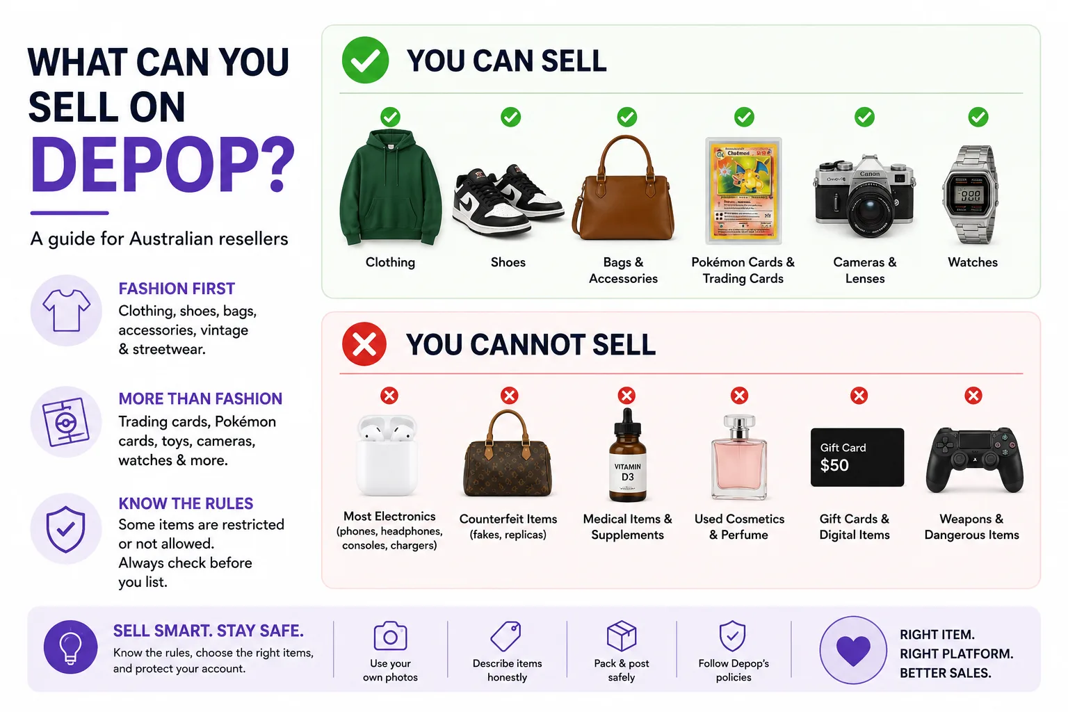 What Australian resellers can and cannot sell on Depop, including clothing, shoes, trading cards, cameras and restricted items.