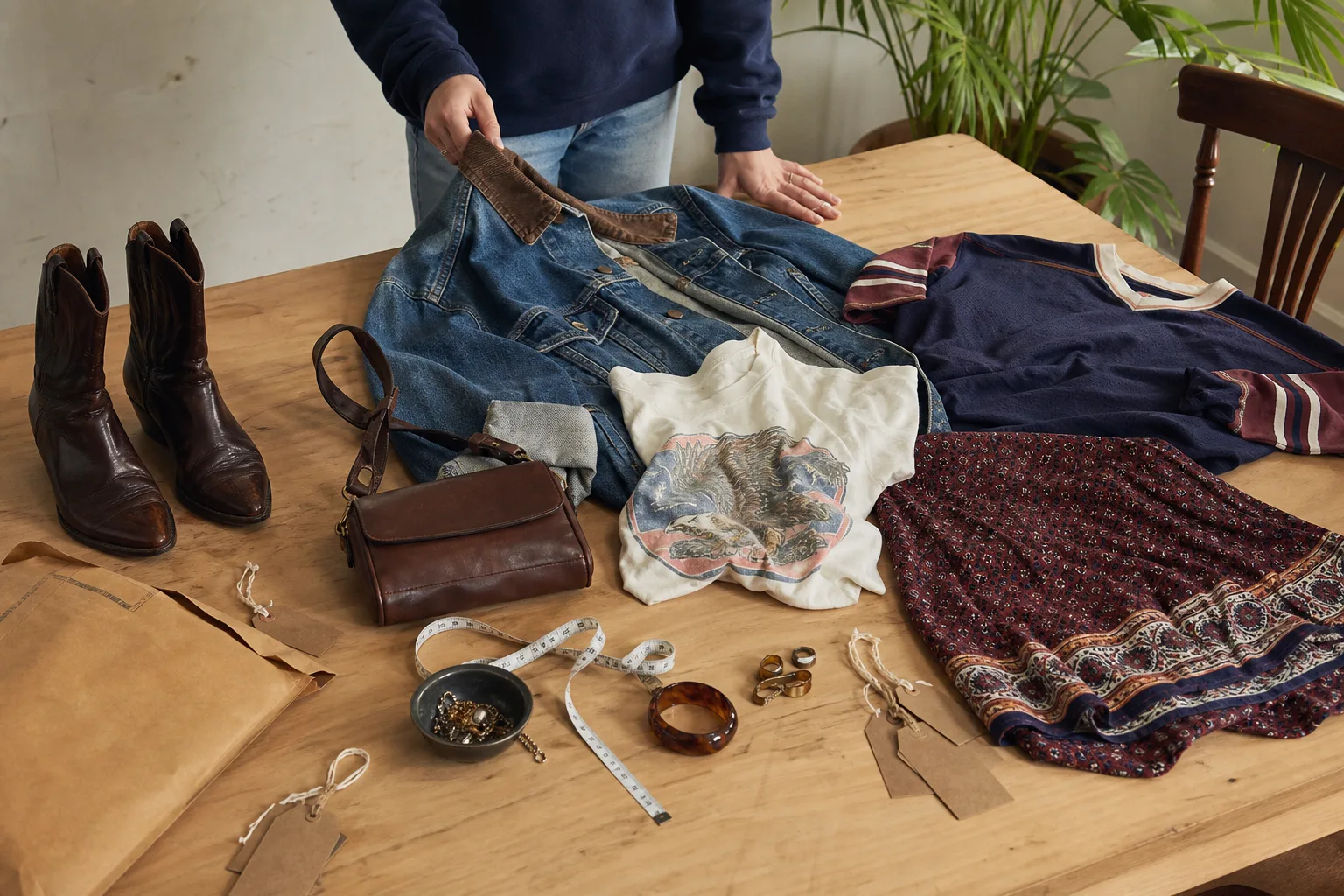 Second-hand clothing, boots, a bag and accessories being selected for an Australian Depop shop.