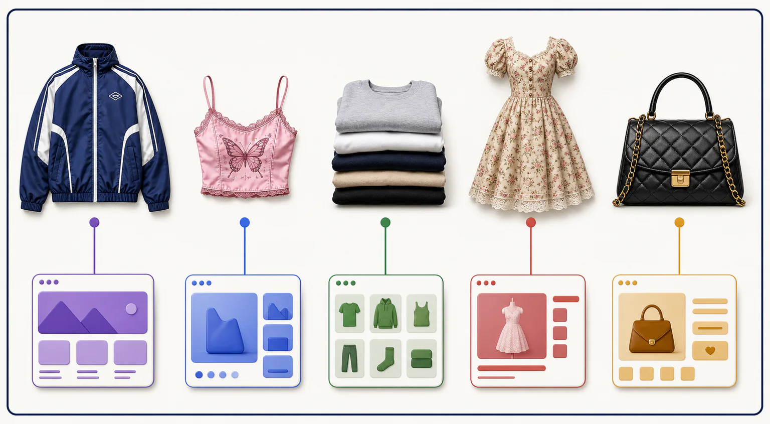 Different clothing types matched to different styles of online marketplace.