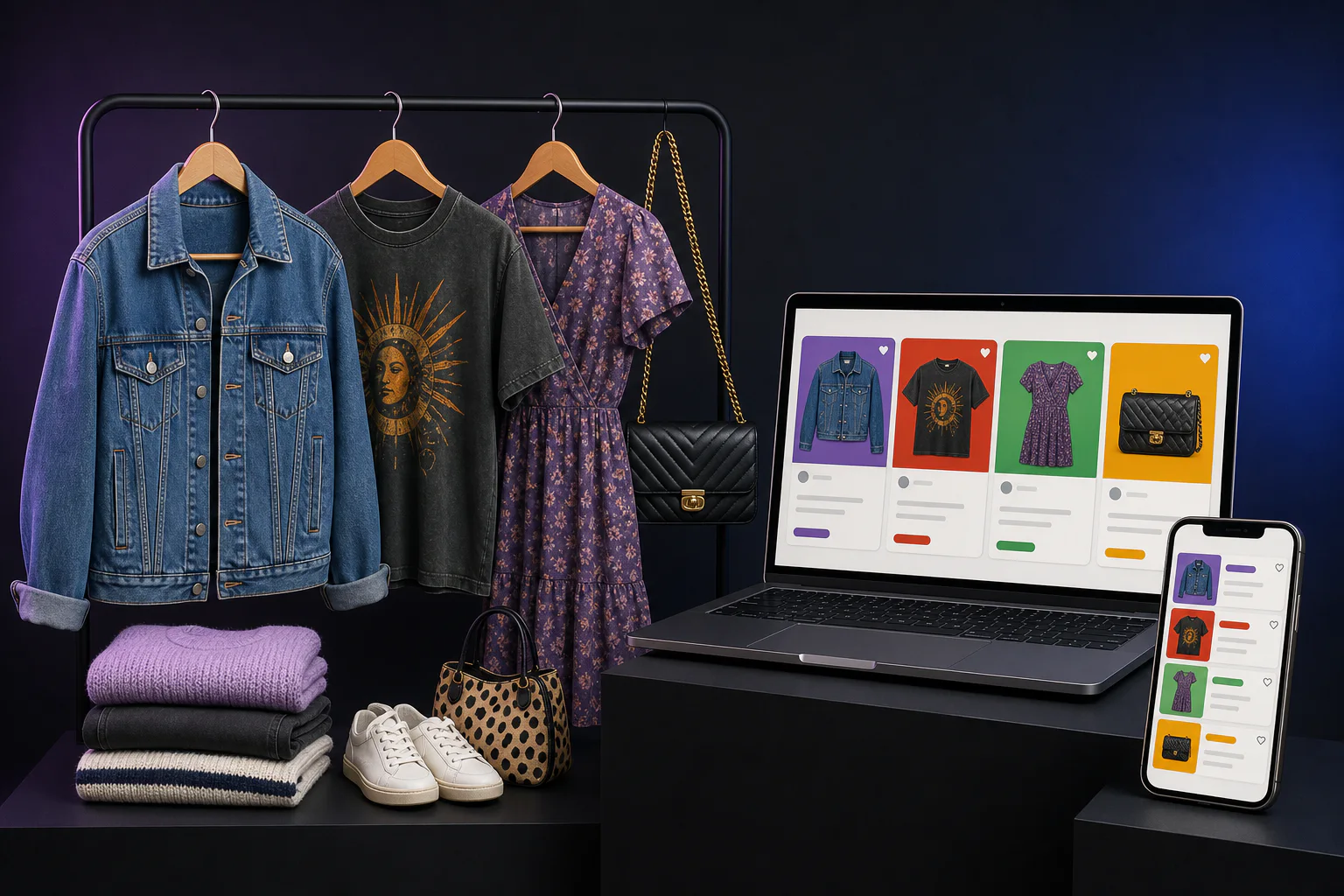 Second-hand clothes displayed beside online marketplace listings on a laptop and phone.