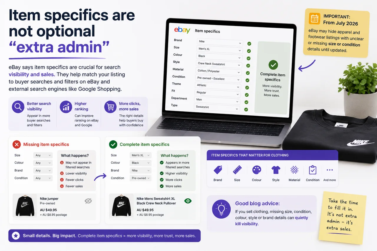 eBay item specifics checklist for better search visibility.