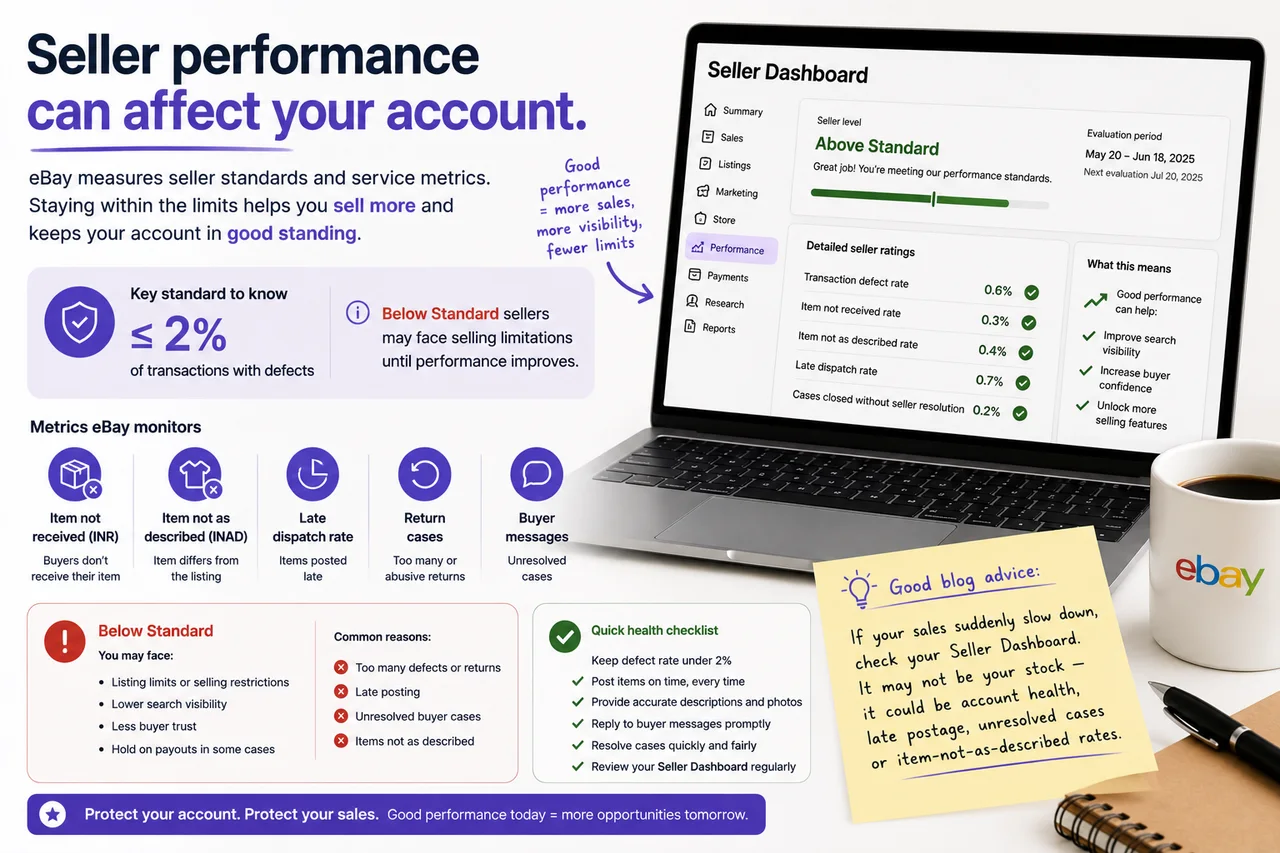 eBay seller performance dashboard and account health checks.