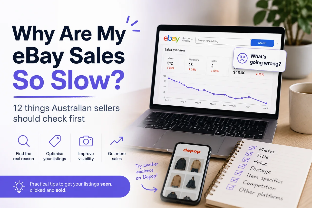A Listalong guide graphic asking why eBay sales are slow, with an eBay sales dashboard, Depop phone screen and seller checklist.