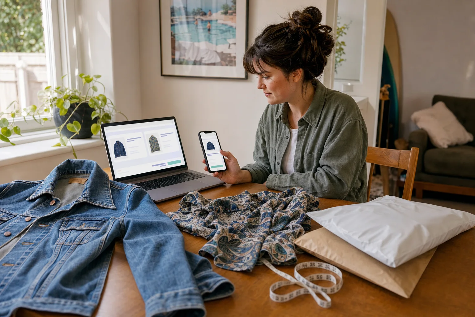 Australian clothing reseller reviewing matching product listings on a laptop and phone at home.