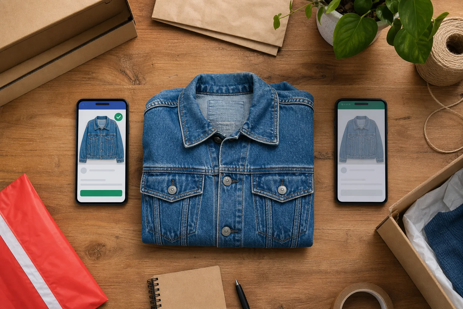 One denim jacket between two phones showing matching marketplace listings, with one listing greyed out after a sale.